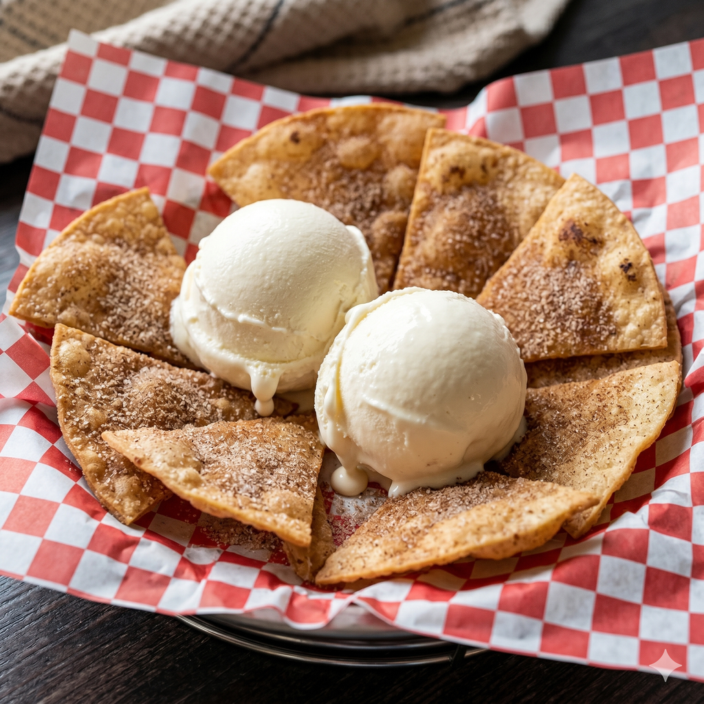 Totopos Dulces con 2 Bolas de Helado de Vainilla